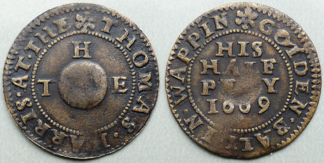 Wapping. Thomas Harris AT THE GOLDEN BALL 1669 halfpenny